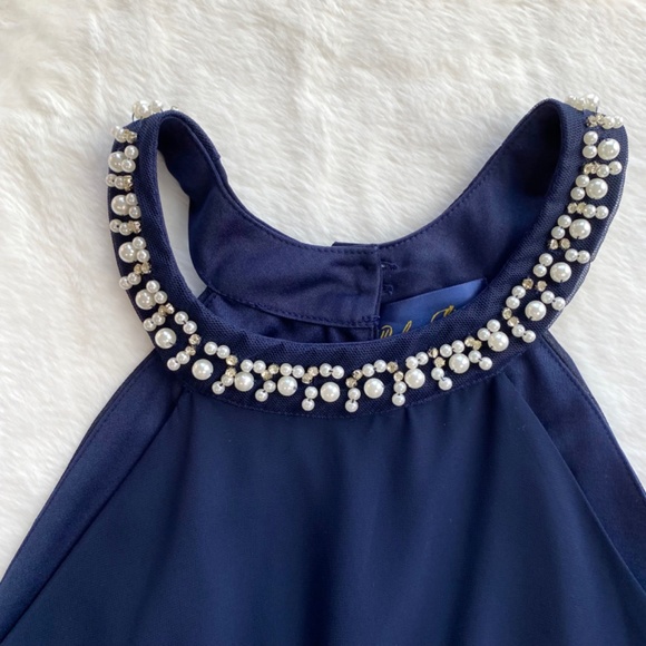 Francesca’s Collection Pearl High Neck Navy Dress in Size Large - Picture 4 of 16